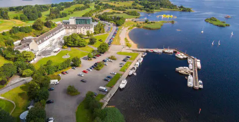 Aerial view of the Hodson Bay Hotel beside Lough Ree