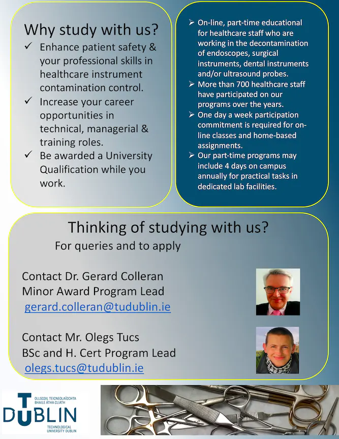 TU Dublin poster explaining why to study with them, with contact details for the Minor Award programme lead and the BSc and Higher Certificate programme lead.