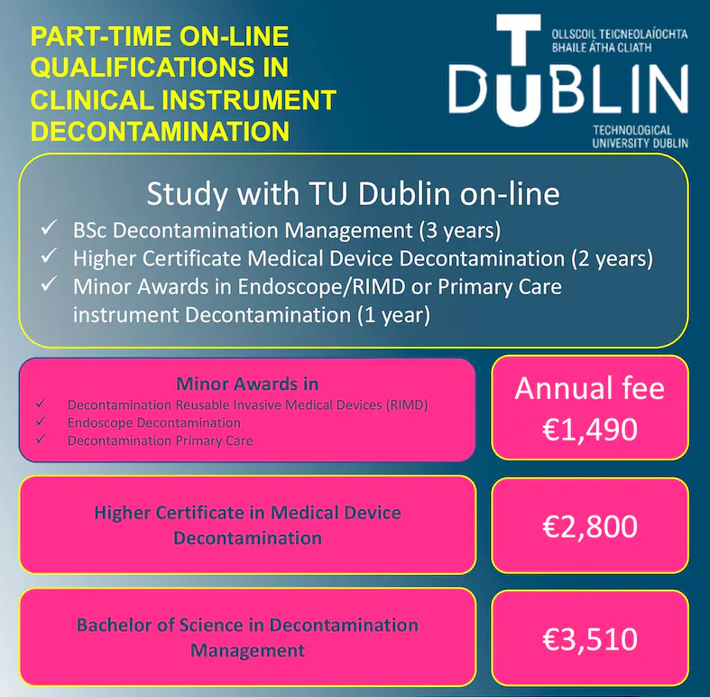TU Dublin poster listing part-time on-line qualifications in clinical instrument decontamination: a BSc in Decontamination Management (3 years), a Higher Certificate in Medical Device Decontamination (2 years) and minor awards (1 year), with their fees.